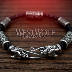 Viking Fenrir Wolf Bracelet with Beads & Braided Leather Band --- Norse/Silver/Wolves/Odin/Ravens/Hugin/Munin/Bead/Torc/Torq