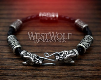 Viking Fenrir Wolf Bracelet with Beads & Braided Leather Band --- Norse/Silver/Wolves/Odin/Ravens/Hugin/Munin/Bead/Torc/Torq