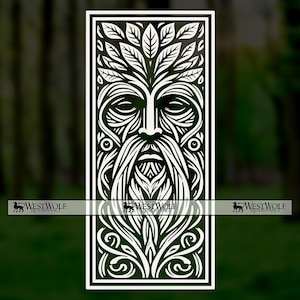 May include: A white, rectangular decorative panel depicting a stylized Green Man face. The design includes a face with a long beard, leafy hair, and intricate patterns. The panel has a border and the text "WESTWOLF RENAISSANCE".