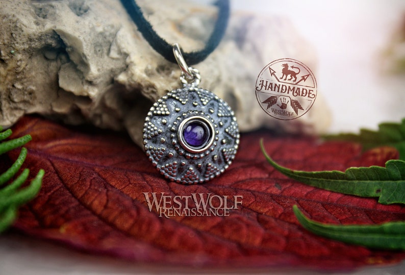 Sterling Silver Medieval Sun Pendant with Amethyst Stone - Historic Replica SlavicMoravianVikingJewelryShieldNecklace