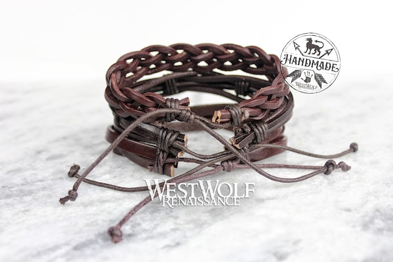 Leather Viking Triple Bracelet or Cuff Adjustable Size Made of