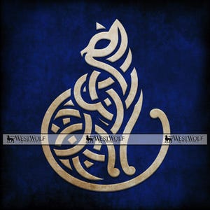 May include: A stylized cat design in a Celtic knot pattern, rendered in a light tan color. The cat is set against a dark blue background. The West Wolf Renaissance logo is at the bottom.
