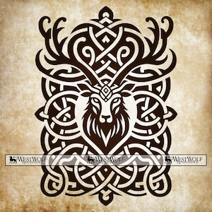 May include: A brown and white Celtic knot design featuring a stag with large antlers. The stag is the central focus, surrounded by intricate knotwork. The image includes the text "WESTWOLF RENAISSANCE" at the bottom.