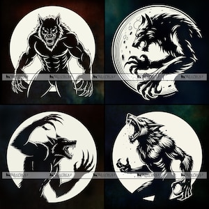 Puede incluir: Cuatro ilustraciones en blanco y negro de hombres lobo en varias poses contra un fondo de luna llena. Los hombres lobo se representan con garras afiladas, colmillos y cuerpos musculosos, transmitiendo una sensación de ferocidad y poder. La obra tiene un tema gótico u horror.