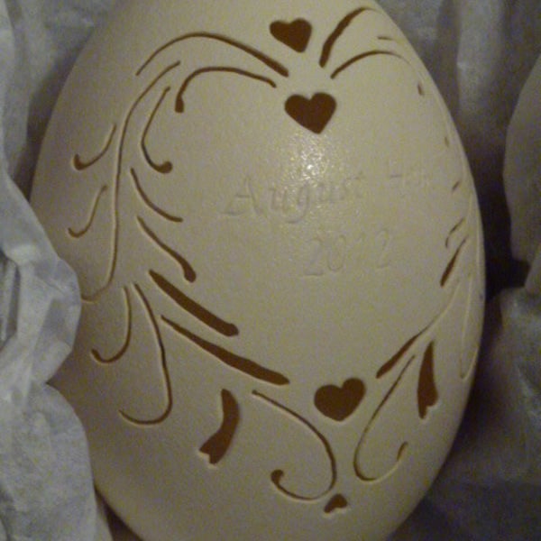 Hand-Carved Rhea: Wedding Egg Custom Name Date (#123)