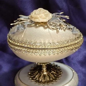 Hand-Crafted Embellished Hinged Goose Egg: White Rose (#140)
