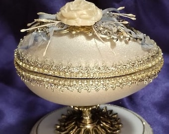 Hand-Crafted Embellished Hinged Goose Egg: White Rose (#140)