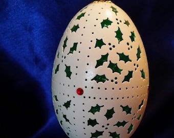Hand-Carved Goose Egg: Holly Gift (#147)
