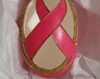 Hand-Carved Goose Egg: Breast Cancer Ribbon (#89)