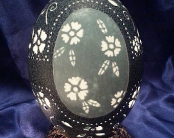 Hand-Carved Emu Egg - Flowers (#54)