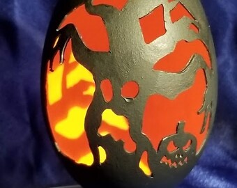 Hand-Carved Goose Egg: Halloween Tree (#80)