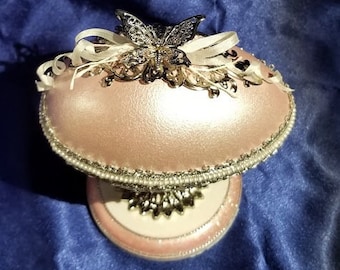 Hand-Crafted Embellished Hinged Goose Egg: Pink Silver Butterfly (#142)