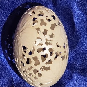 Hand-Carved Goose Egg: Relief Flower Filigree (#60)