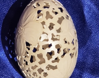Hand-Carved Goose Egg: Relief Flower Filigree (#60)