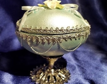 Hand-Crafted Embellished Hinged Goose Egg: Green White Roses (#143)