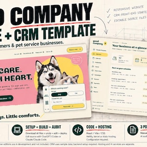 May include: A digital website and CRM template for pet businesses titled Good Company. The interface features a husky and cat, a dashboard with business metrics, and text including Pet Care With Heart and Big days. Little comforts.