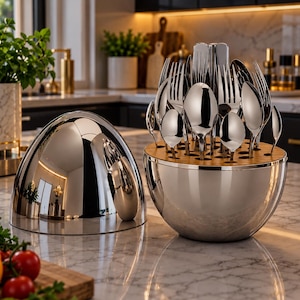 May include: A polished stainless steel cutlery set housed in a spherical container with a removable dome lid. The set includes various forks and spoons arranged in a circular wooden base, reflecting the surrounding kitchen environment.