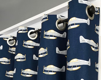 Airplane Curtains - FREE SHIP - 2 Panels - ANY Size - Navy Blue Yellow and Gray - Boy Curtains - Baby Boy Nursery - Plane, Aviation, Pilot