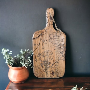 Tabla de cortar con estampado floral de peonías - Tabla de cortar grabada en madera de acacia - Tabla de cortar decorativa - Decoración de cocina bohemia - Bonitos accesorios de cocina