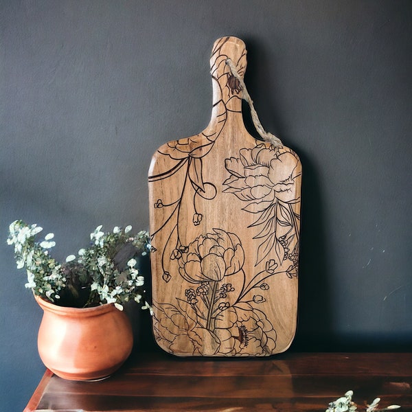 Peony Floral Cutting Board - Acacia Engraved Cutting Board - Decorative Cutting Board - Boho Kitchen Decor - Cute Kitchen Accessories