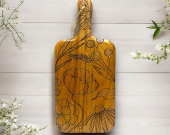 Floral Cutting Board - Charcuterie Board - Engraved Cutting Board - Flower - Leaves - Boho Kitchen - Kitchen Decor - Decorative - Cute - New