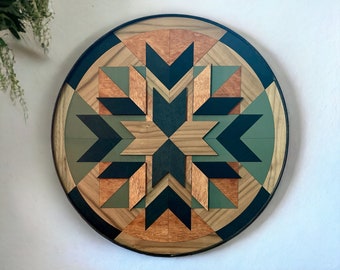 Round Barn Quilt - Wood Quilt - Green, Black, Walnut, Mahogany and Leather - Wall Quilt - 16 inch - Handmade - Boho Decor - Farmhouse