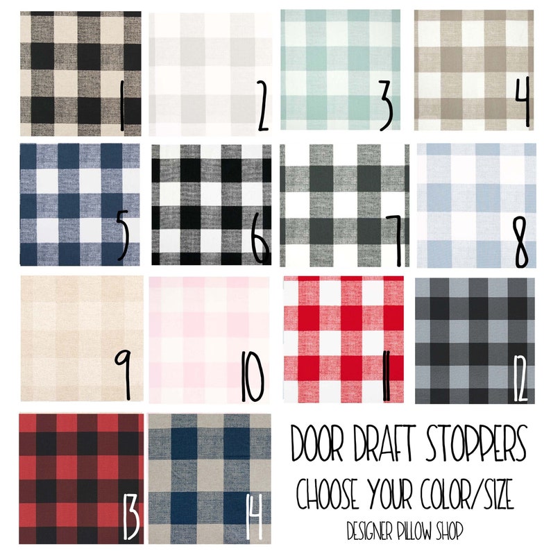 May include: A selection of 14 different plaid fabric swatches for door draft stoppers. The fabrics are in various colours, including black, white, red, blue, and beige. The text "DOOR DRAFT STOPPERS CHOOSE YOUR COLOR/SIZE DESIGNER PILLOW SHOP" is at the bottom of the image.