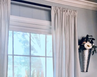 Gray Ticking Curtains - FREE SHIPPING - TWO Panels - Nursery Curtains - Home Decor - Farmhouse Curtains - Striped Curtains - Grey Curtains
