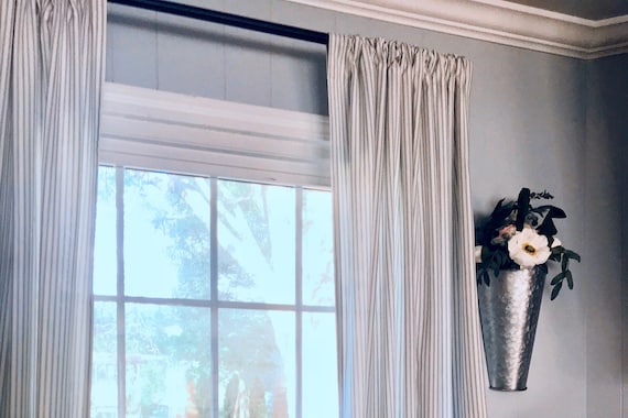 Gray Ticking Curtains - FREE SHIPPING - TWO Panels - Nursery Curtains - Home Decor - Farmhouse Curtains - Striped Curtains - Grey Curtains