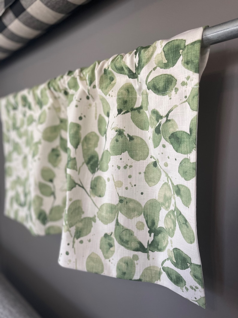 Kitchen Valance - Window Treatments - Leaf Print - Green, Blue or Gray - Neutral Valance - Bathroom Valance - Rod Pocket - USA MADE - Lined image 1