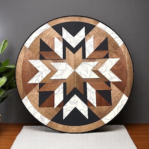 Geometric Wood and Floral Barn Quilt - Round Art - Wooden Quilted Decor - Living Room Decor - Black and White - Handmade - Handcrafted Art