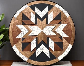Geometric Wood and Floral Barn Quilt - Round Art - Wooden Quilted Decor - Living Room Decor - Black and White - Handmade - Handcrafted Art