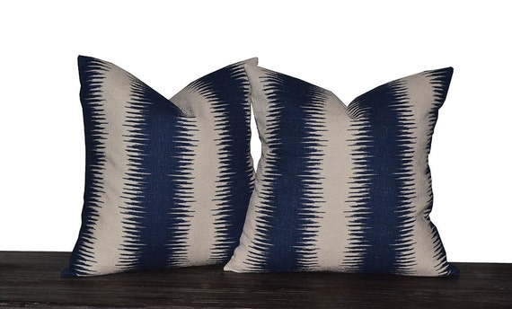 Navy Ikat Stripe Pillow Cover Dark Blue And Natural Choose Etsy
