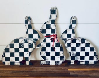 Bunny - Checkerboard - Velvet Ribbon - Wall Art - Shelf Sitter - Rabbit - Checker - Black and White - Easter - Home Decor - Whimsical - Cute