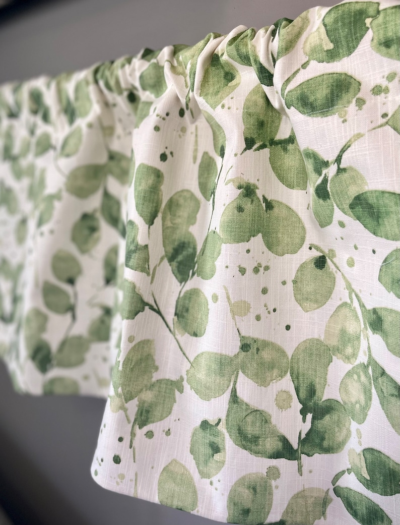 Kitchen Valance - Window Treatments - Leaf Print - Green, Blue or Gray - Neutral Valance - Bathroom Valance - Rod Pocket - USA MADE - Lined image 3