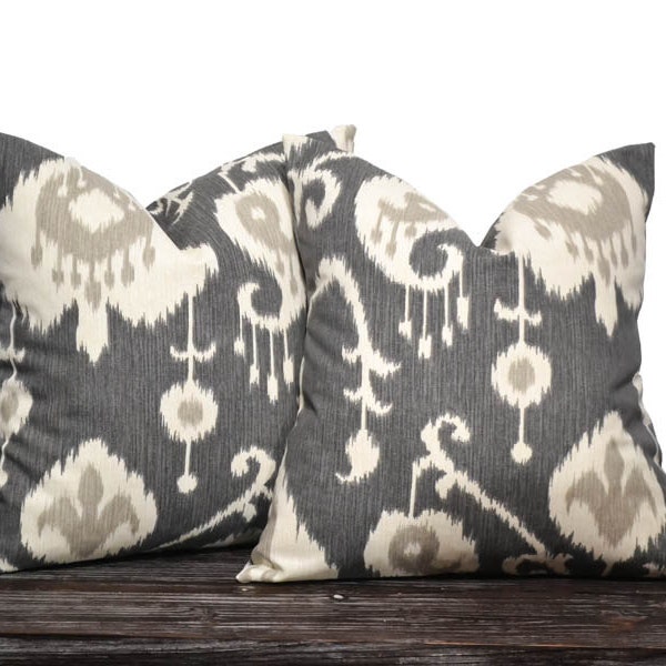 Ikat Pillow Covers - Charcoal Gray Ikat Pillow Set - ANY SIZE - Farmhouse Pillow - Charcoal Gray, Cream and Light Grey - 2 Pillow Covers