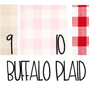 Puede incluir: Tres muestras de tela de cuadros de b&uacute;falo en diferentes colores: beige, rosa y rojo. La tela est&aacute; etiquetada con los n&uacute;meros 9, 10 y 11.