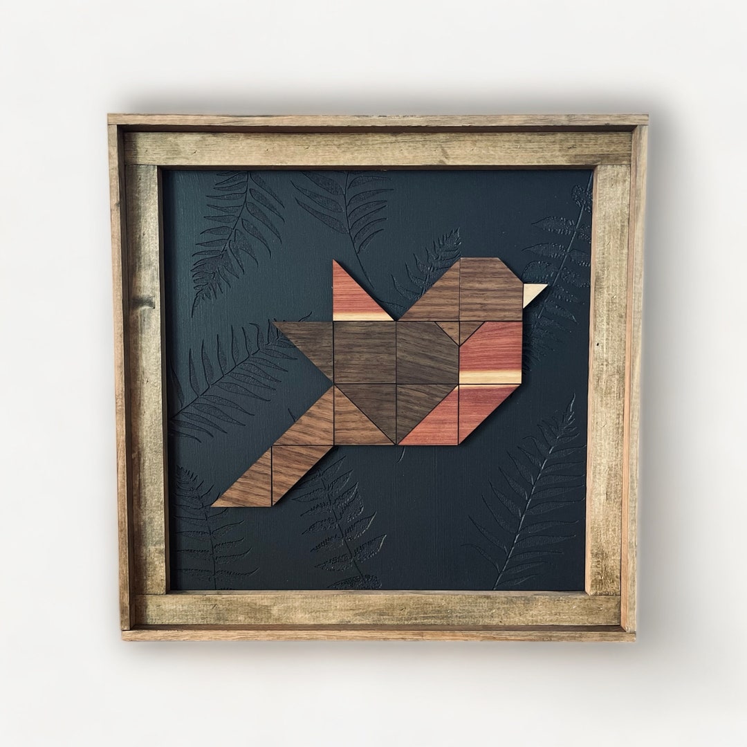 Wood Bird Art Framed Wall Artwork Cedar, Walnut, Maple, Pine Geometric Bird Black Moody Plant