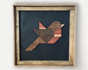 Wood Bird Art - Framed Wall Artwork - Cedar, Walnut, Maple, Pine - Geometric Bird - Black Moody - Plant - Boho Art - Cute - Gift - Handmade