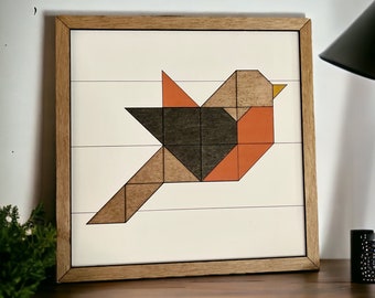 Geometric Wooden Barn Quilt - Bird Wall Decor - White Shiplap Background, Stained Birch Wood, Matching Frame - 6.75x6.75"