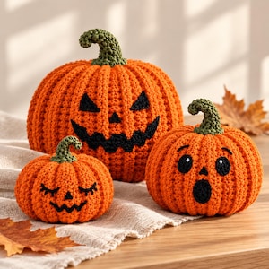 May include: Three crocheted pumpkins in orange yarn with green stems. The largest pumpkin features a black stitched jack-o'-lantern face. The smaller pumpkins have stitched faces, one with closed eyes and a smile, the other with wide eyes and an open mouth.