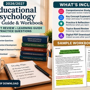 May include: A 2026/2027 Educational Psychology Study Guide and Workbook digital download. The image displays a stack of five books, a study plan notebook, a mug with text, and sample workbook pages detailing educational psychology concepts.