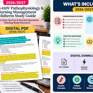 Könnte beinhalten: Ein digitales PDF-Lernprogramm für NNRS 410V Pathophysiology & Nursing Management 2026/2027. Das Dokument enthält Prüfungsvorbereitungen, Wiederholungen und Übungsfragen mit detaillierten Begründungen zu genetischen Störungen, Zellschäden, Entzündungen und pflegerischen Managementstrategien.