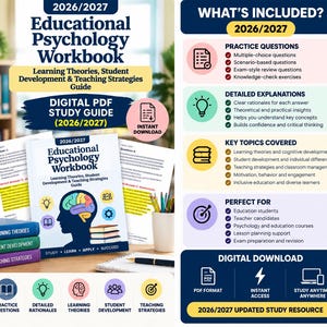 May include: A digital 2026/2027 Educational Psychology Workbook study guide featuring a silhouette of a human head with a colorful brain graphic and a stack of books. The document includes practice questions, detailed explanations, and key topics.