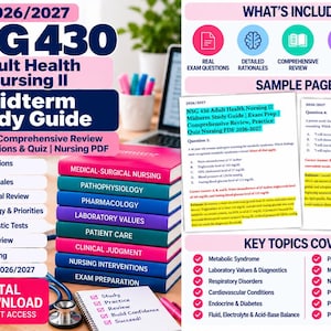 Könnte beinhalten: Ein 2026/2027 NSG 430 Adult Health Nursing II Midterm-Lernleitfaden als digitaler Download. Das Bild zeigt einen Stapel blauer Bücher, ein Stethoskop und Beispielseiten mit Prüfungsfragen und Begründungen zu Themen wie dem metabolischen Syndrom.
