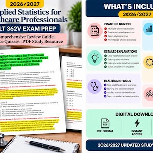 May include: A digital study resource for Applied Statistics for Healthcare Professionals HLT 362V exam prep, featuring a comprehensive review guide, practice quizzes, detailed explanations, and key topics covered in a PDF format for instant download.