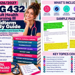 Könnte beinhalten: Ein digitaler Studienführer für die NSG 432 Adult Health Nursing III Zwischenprüfung, mit einem Stapel bunter Bücher, die mit Pflegethemen beschriftet sind, Beispielseiten, einer Liste der behandelten Themen und einem Stethoskop.