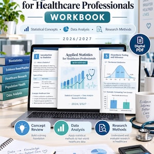 Puede incluir: Un libro de ejercicios digital titulado Applied Statistics for Healthcare Professionals 2026/2027 en la pantalla de una computadora portátil, con gráficos estadísticos, iconos médicos y texto. Incluye una pila de libros, una calculadora y un estetoscopio.