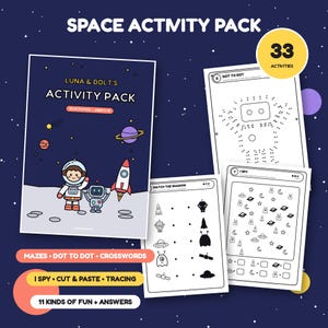 May include: A space activity pack featuring a dark blue cover with an astronaut, robot, and rocket illustration. The set includes 33 activities like dot-to-dot, match the shadow, and I spy games, with text labels for mazes, crosswords, and tracing.