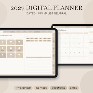 Peut inclure: Un agenda numérique 2027 affiché sur deux écrans de tablette. L'interface présente une palette de couleurs beige neutre avec un tableau de bord d'accueil, une vue calendrier mensuel pour janvier 2027, des onglets et des notes.